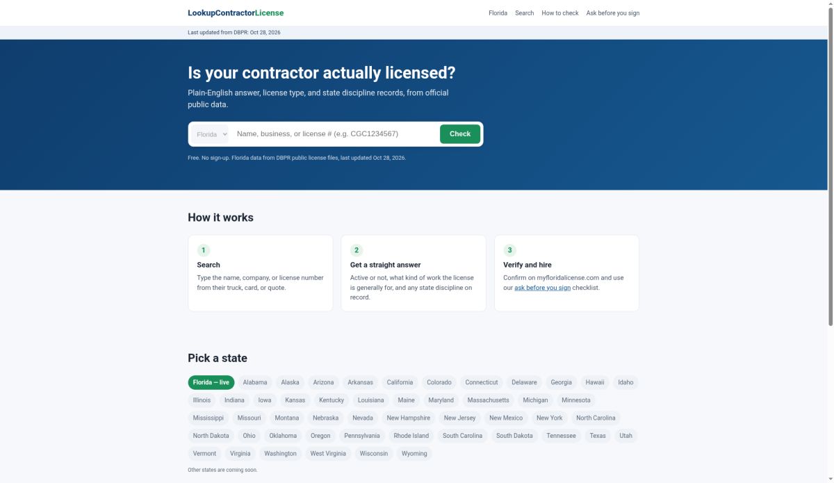Lookup Contractor License website screenshot