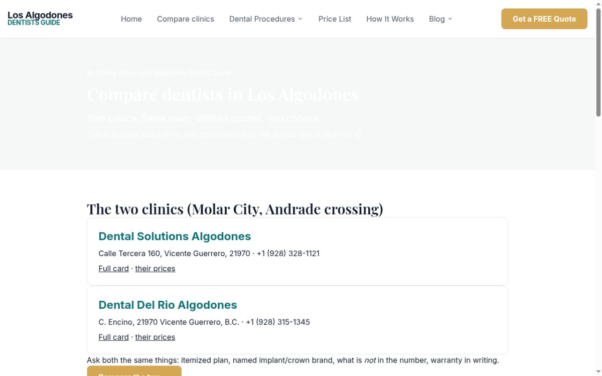 Los Algodones Dentists Guide website screenshot