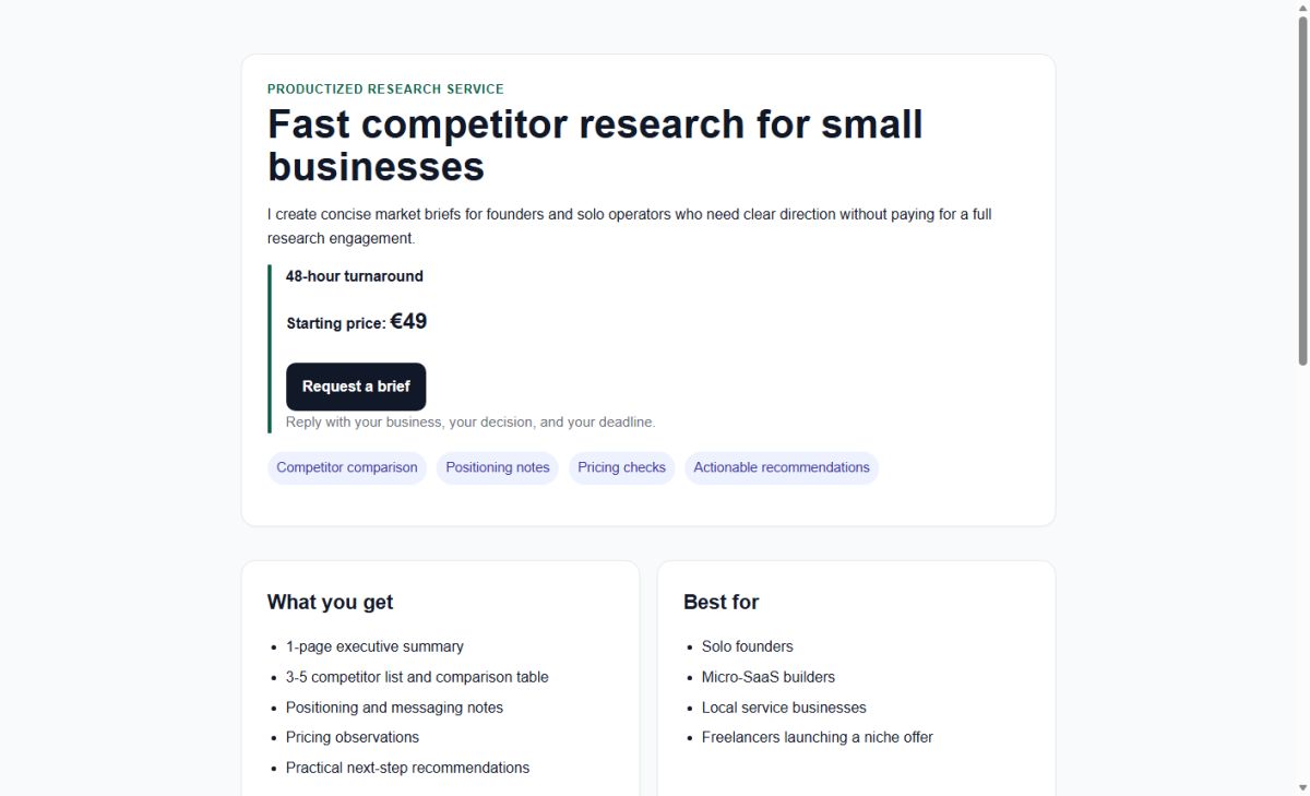 Market Briefs | Fast competitor research for small businesses website screenshot