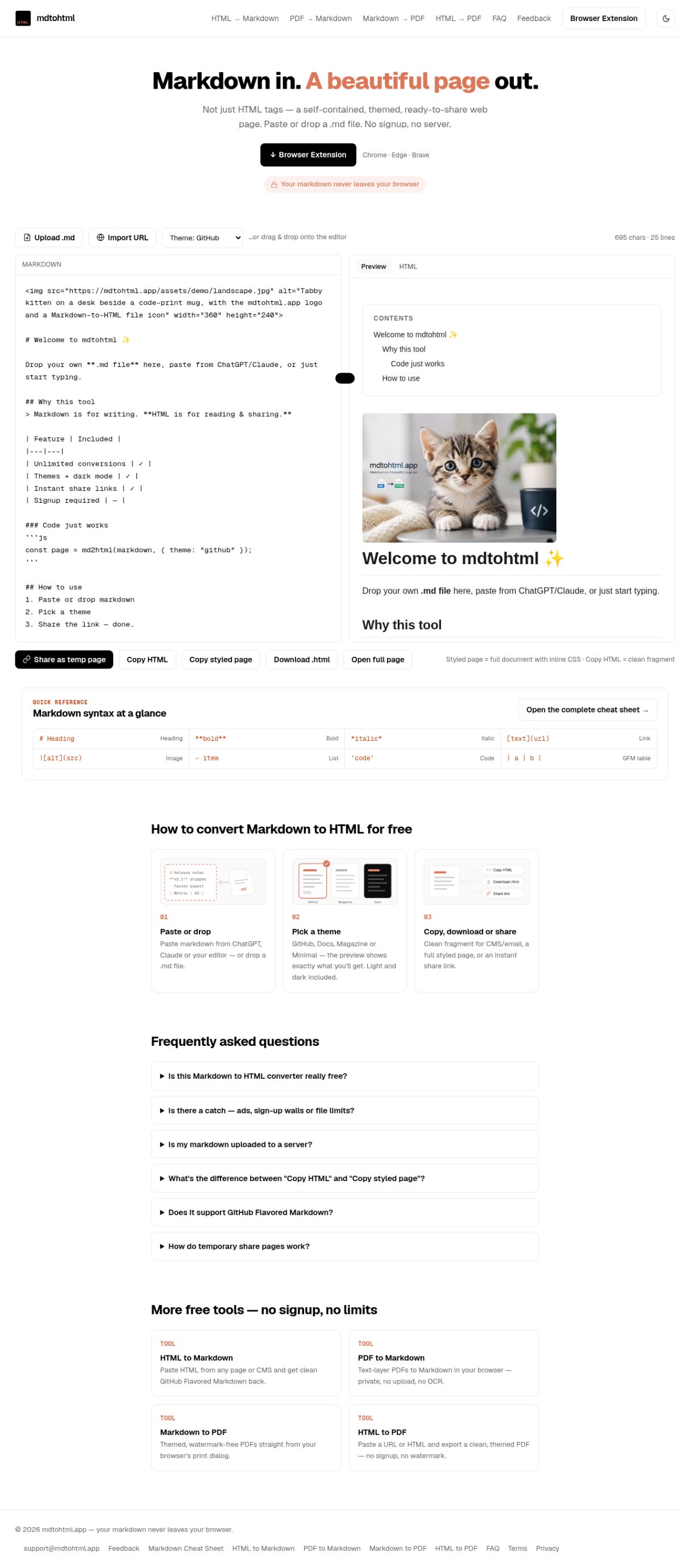 MD to HTML — PDF to Markdown website screenshot