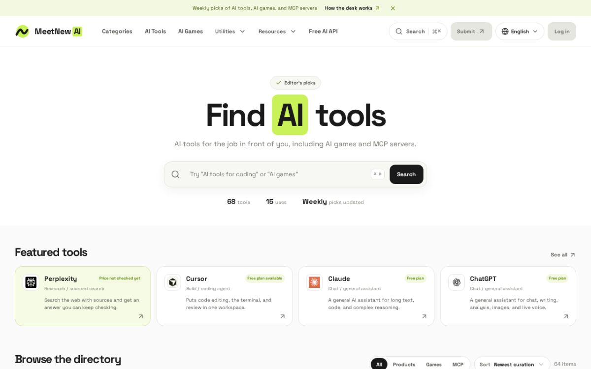 MeetNewAI - AI Tools, AI Games and MCP Servers Directory website screenshot