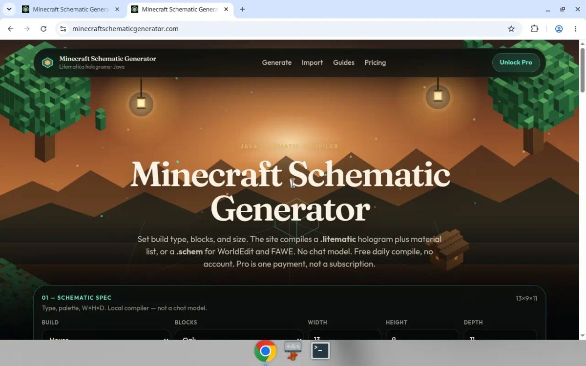 Minecraft Schematic Generator website screenshot