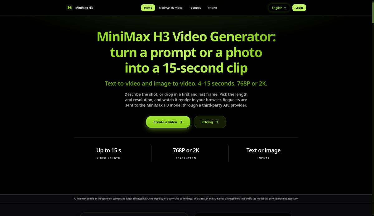 MiniMax H3 Video Generator website screenshot