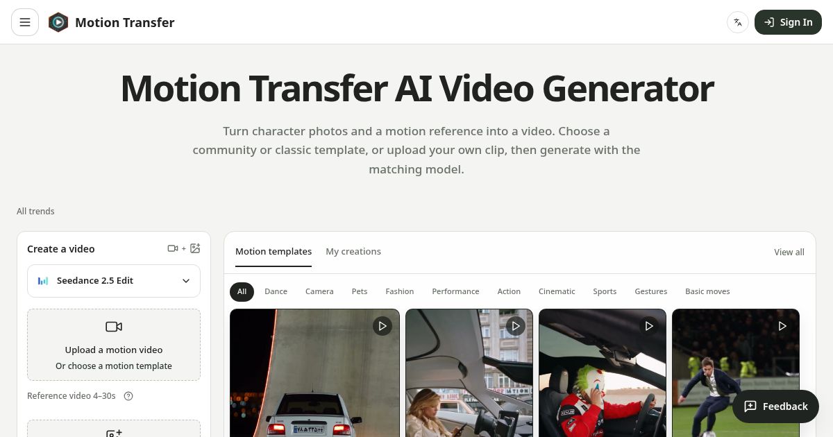 Motion Transfer website screenshot