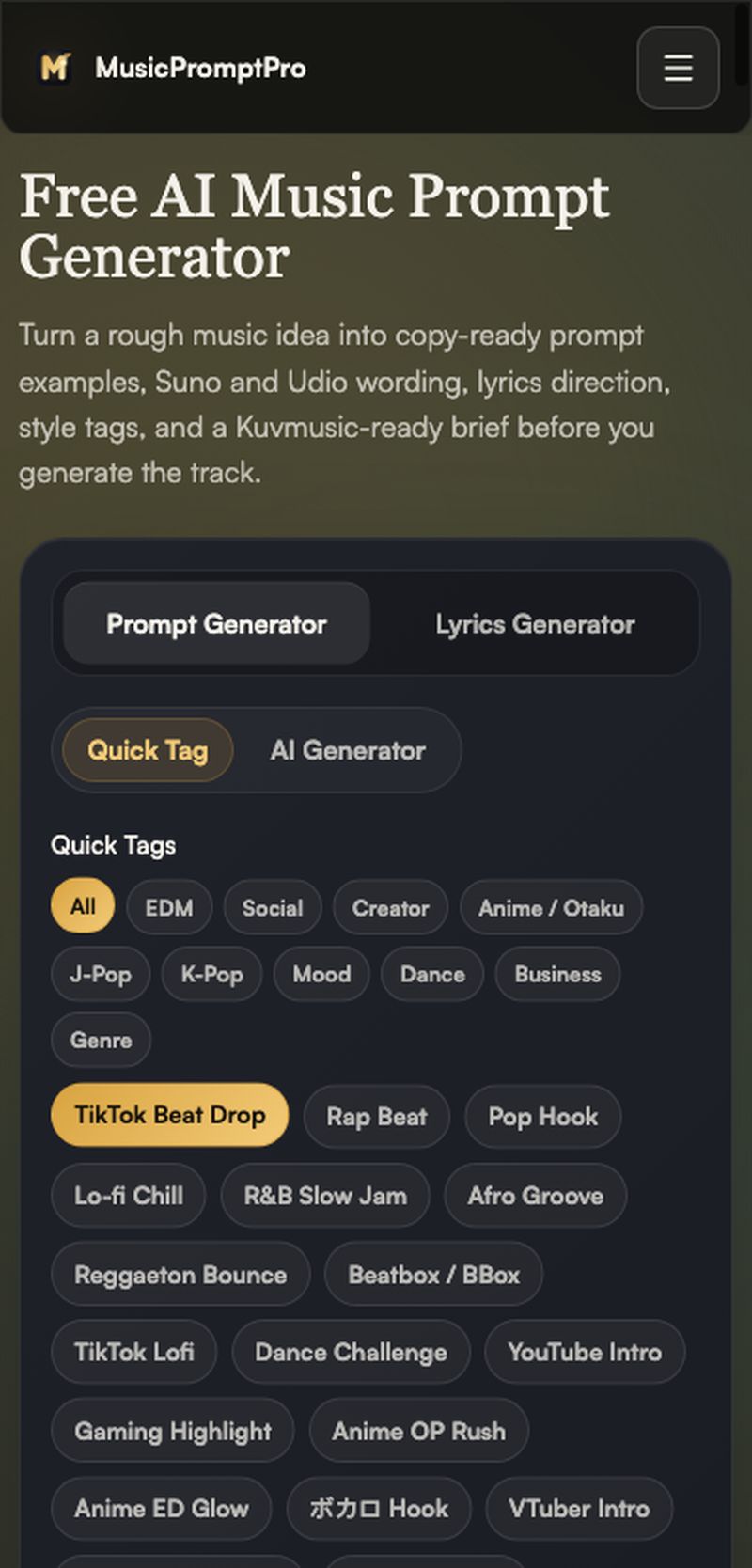 Music Prompt Pro website screenshot