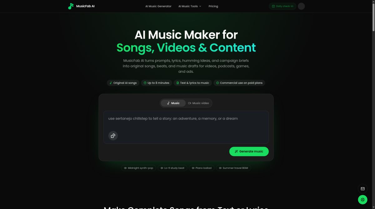 musicfab.ai – AI Music Maker for Songs &amp; Content website screenshot