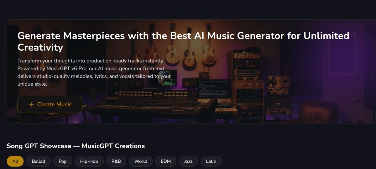 MusicGPT Pro - AI Music Generator website screenshot