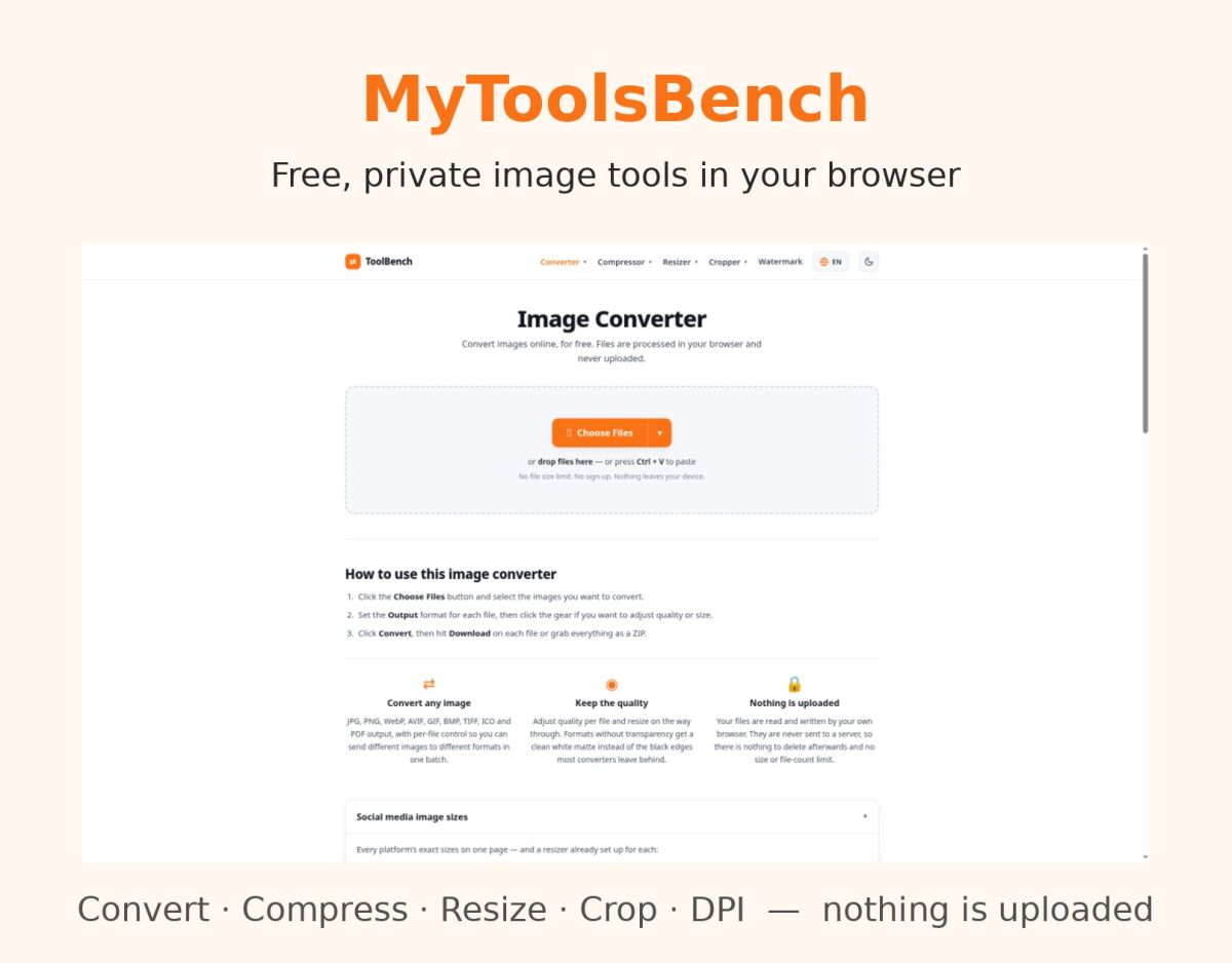 MyToolsBench - Free In-Browser Image Tools website screenshot