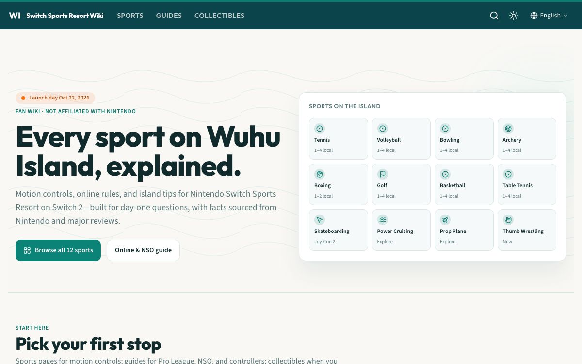 Nintendo Switch Sports Resort Wiki - 12 Sports &amp; Controls website screenshot