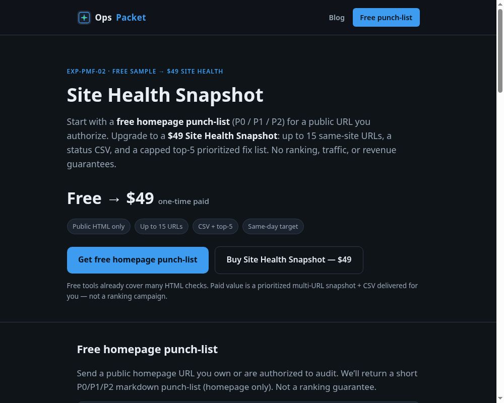 OpsPacket Site Health Snapshot website screenshot
