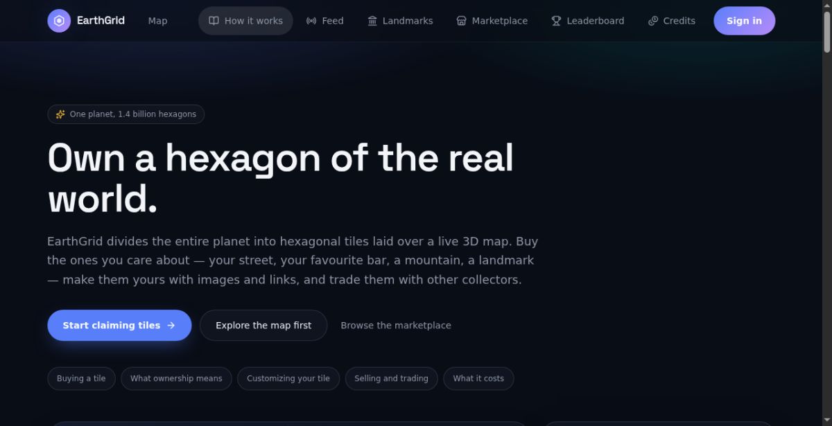 Own a hexagon of the real world — claim exclusive tiles on a live 3D map, customise them, and trade them.EarthGrid website screenshot