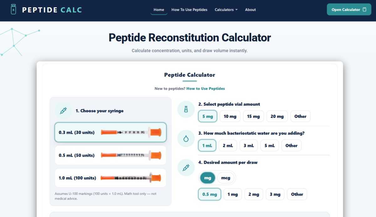 Peptide Reconstitution Calculator (MG to Units & mL) screenshot