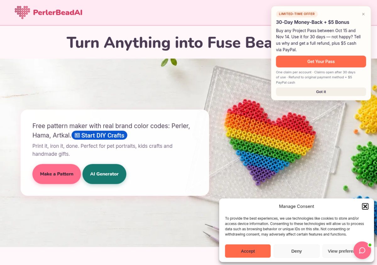 PerlerBeadAI — Free Fuse Bead Pattern Maker website screenshot