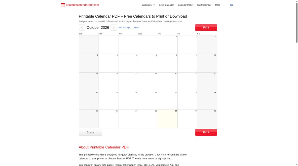 Printable Calendar PDF screenshot