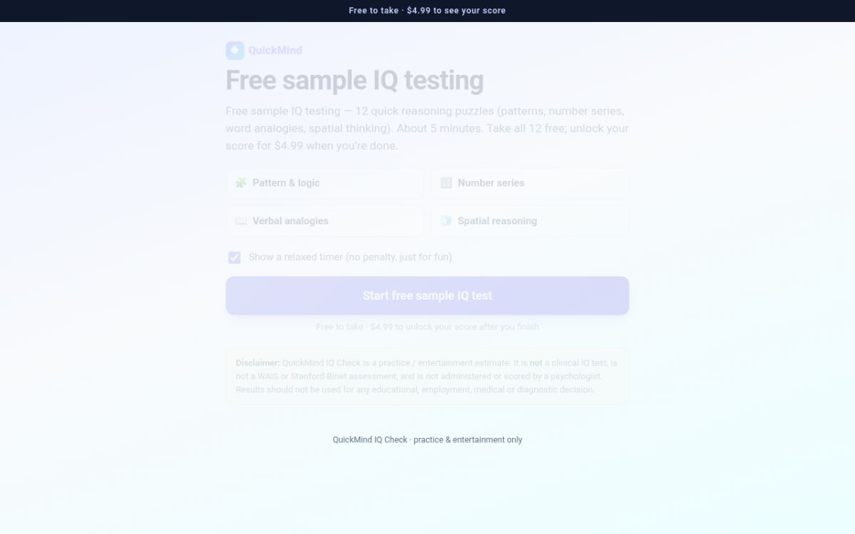 QuickMind IQ Check website screenshot