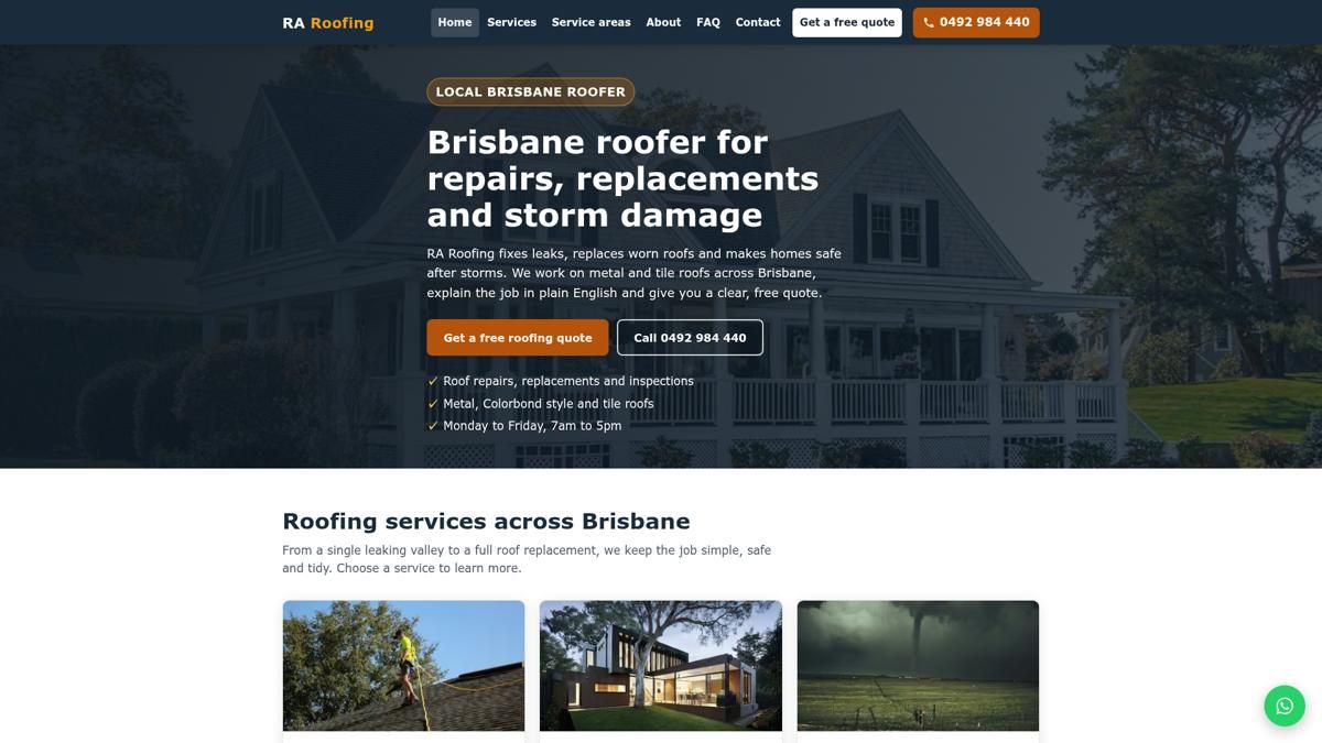 RA Roofing website screenshot