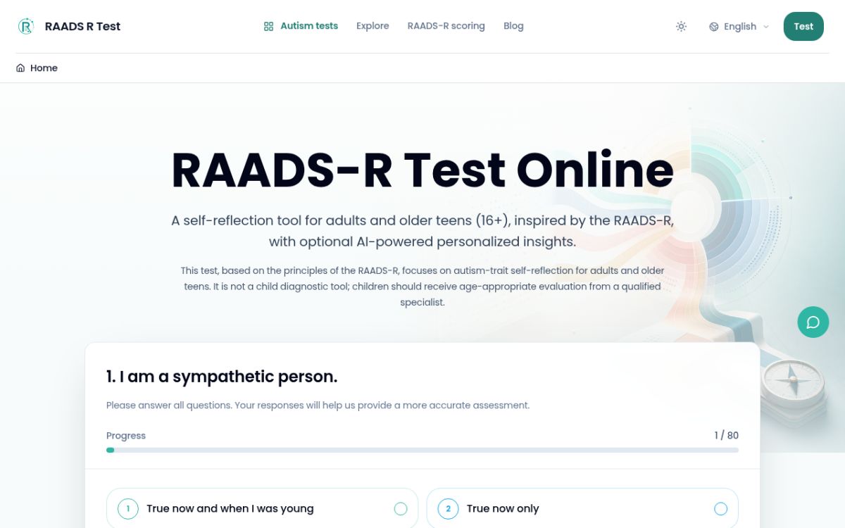RAADS-R Test website screenshot