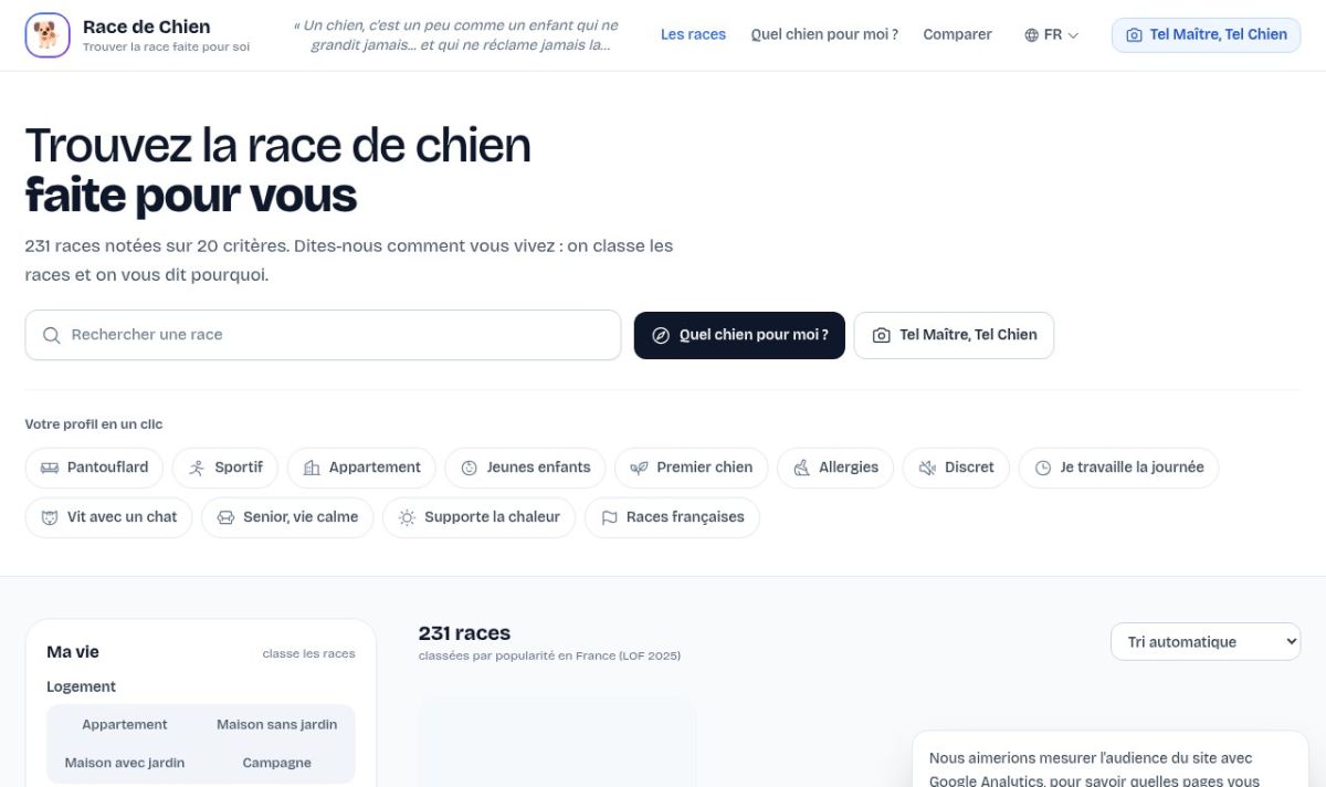 Race de chien website screenshot