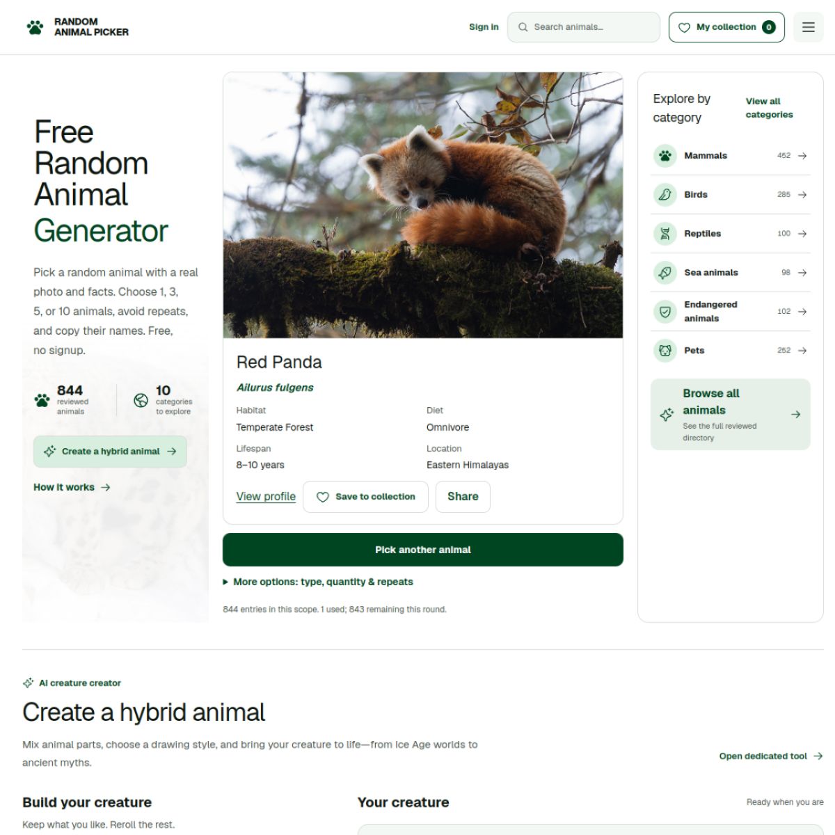 Random Animal Picker website screenshot