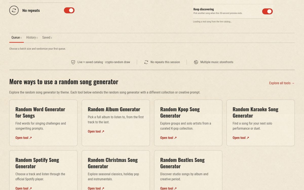 Random Song Generator website screenshot