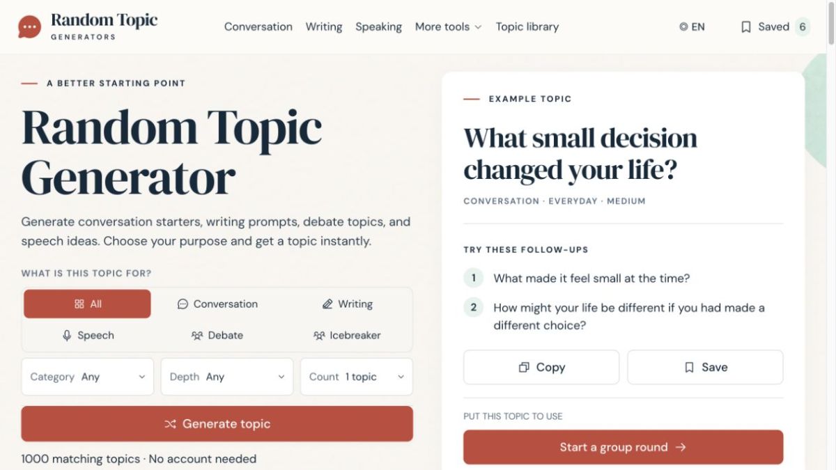 Random Topic Generators website screenshot
