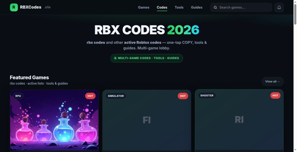 RBXCodes website screenshot