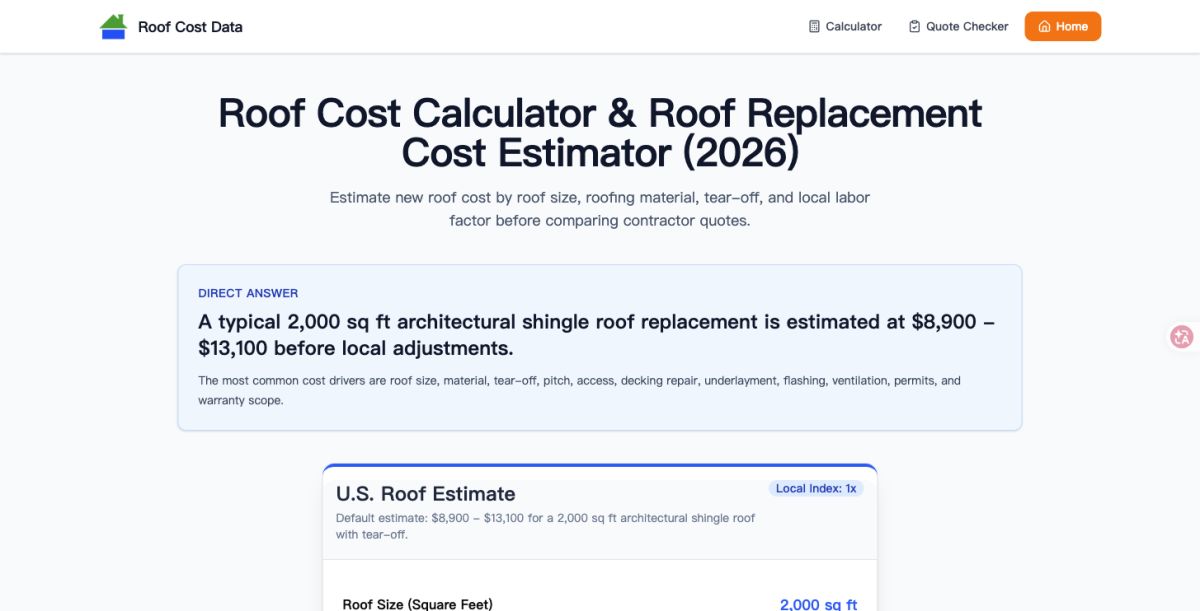 Roof Cost Data website screenshot