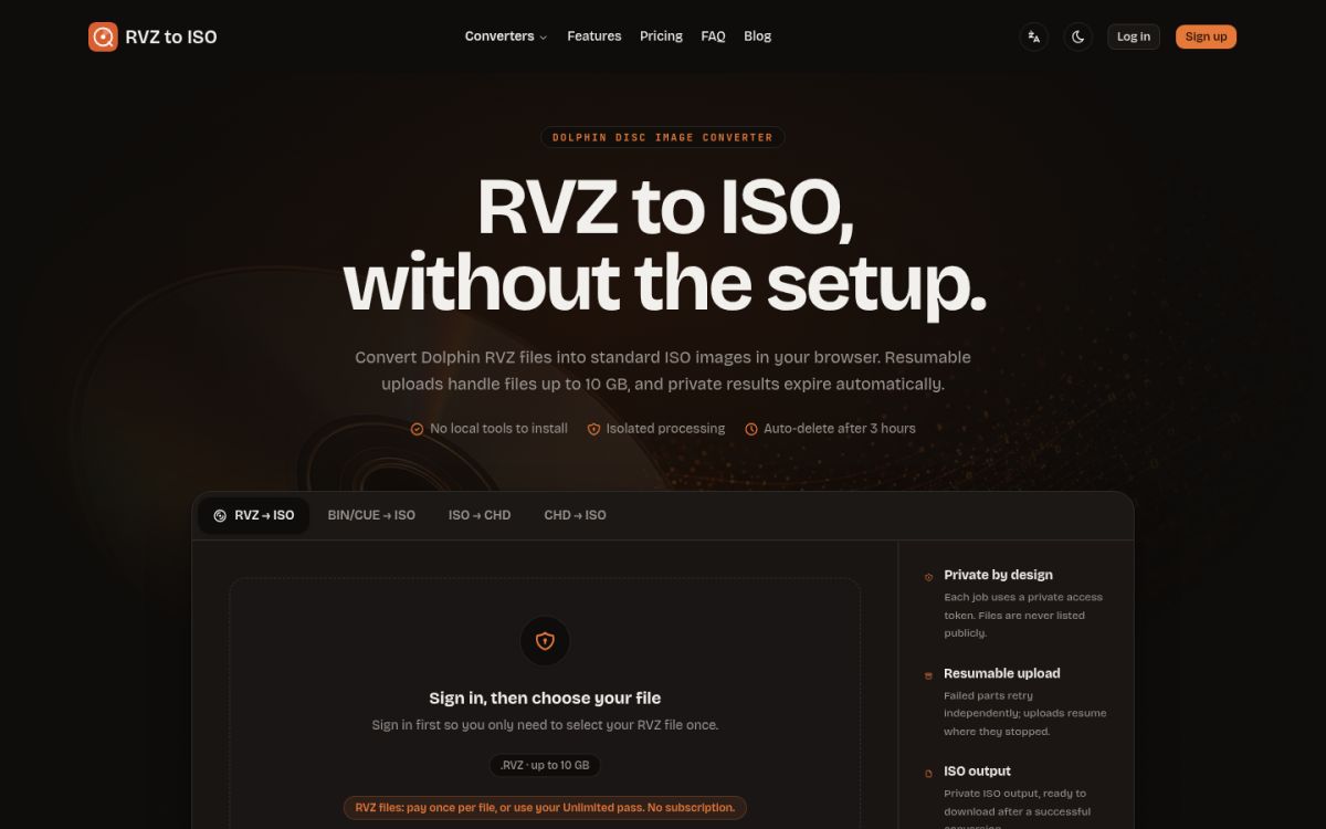 RVZ to ISO website screenshot