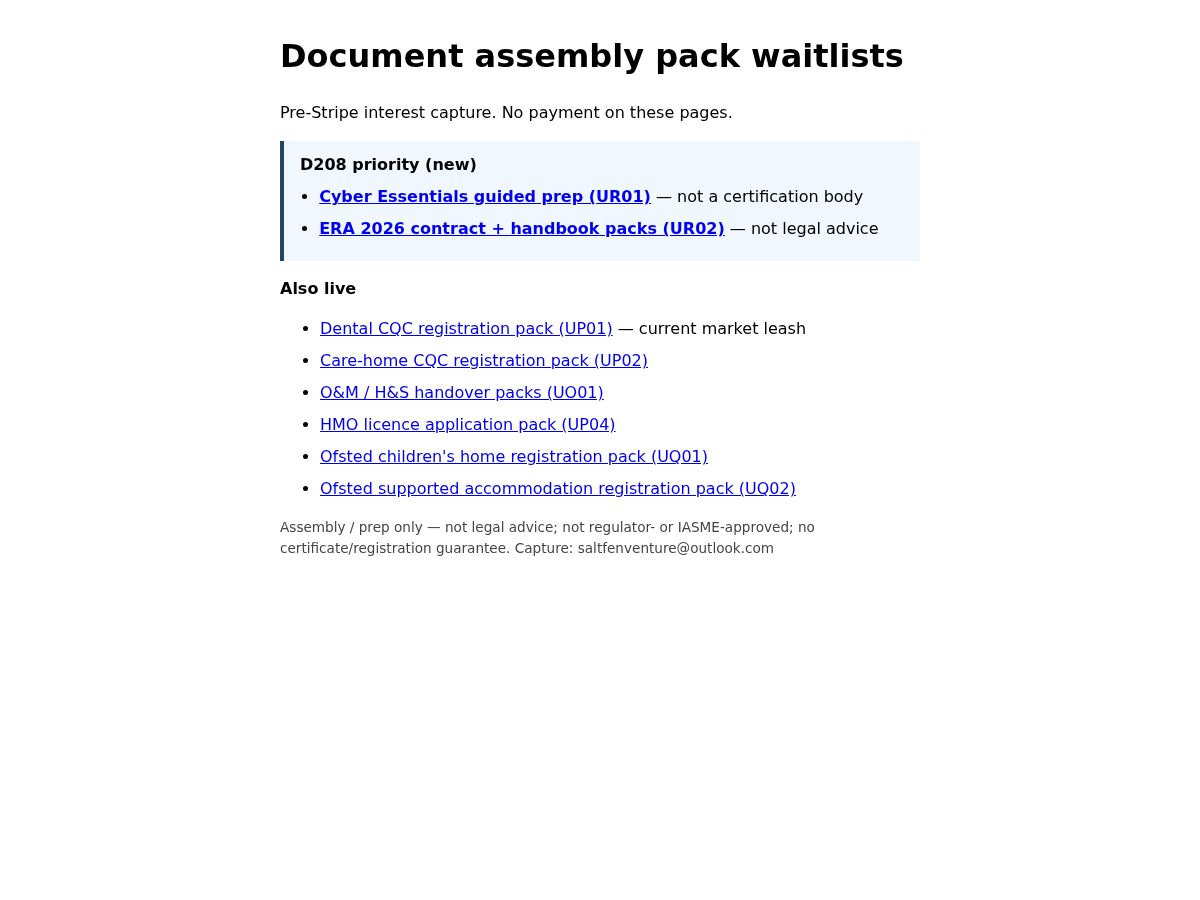 Saltfen — UK Dental CQC &amp; Cyber Essentials Prep Packs website screenshot