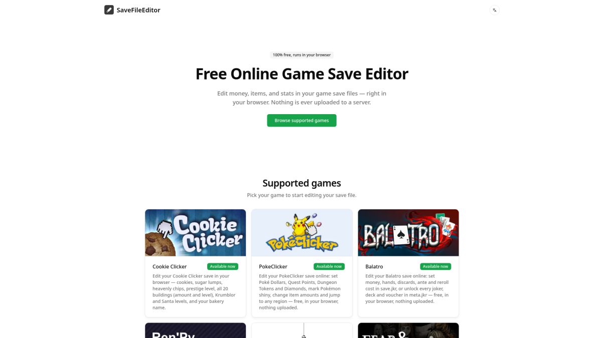 SaveFileEditor website screenshot