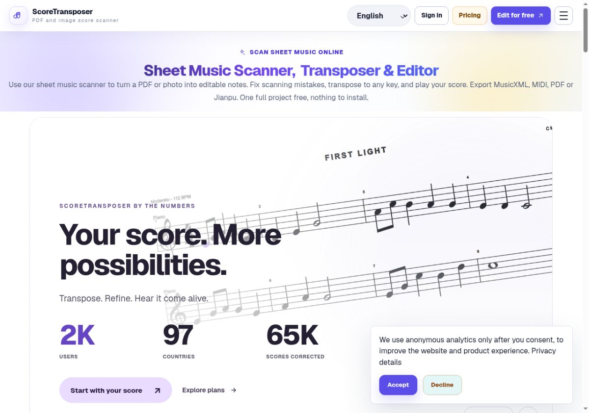 ScoreTransposer website screenshot