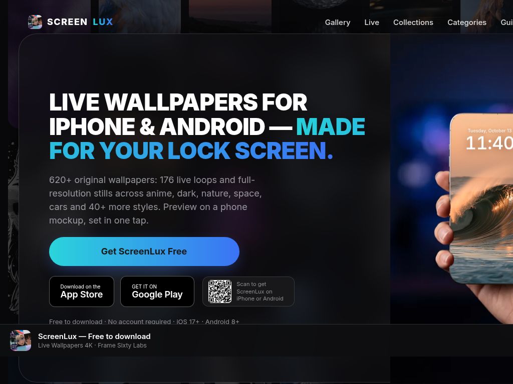 ScreenLux Live Wallpapers 4K website screenshot