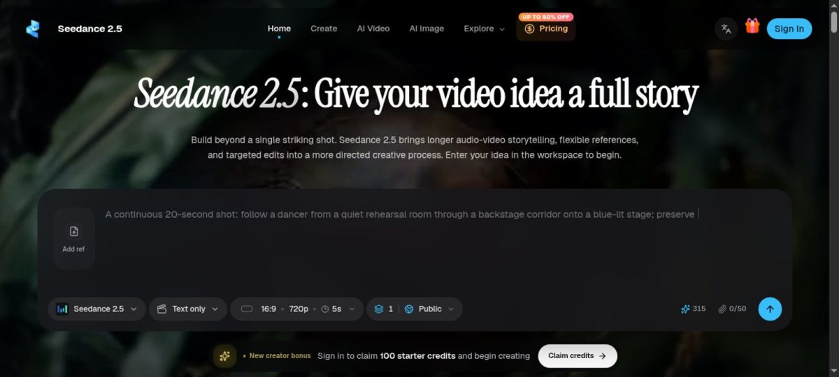 Seedance 2.5 website screenshot