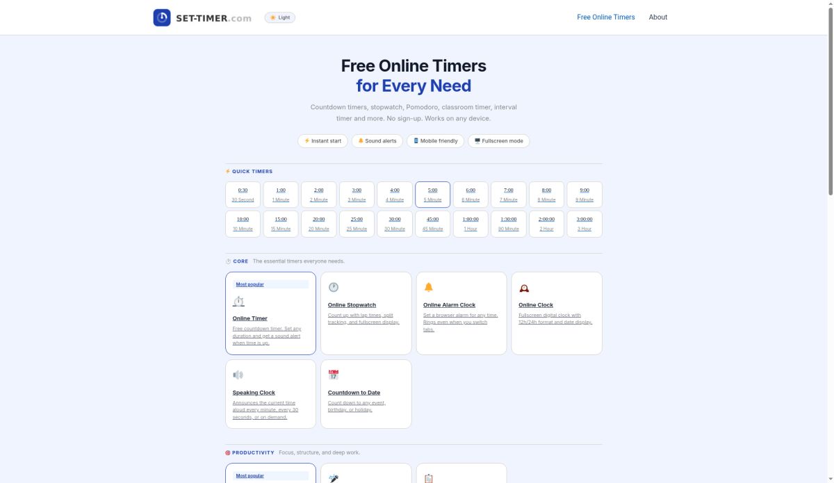 Set Timer website screenshot