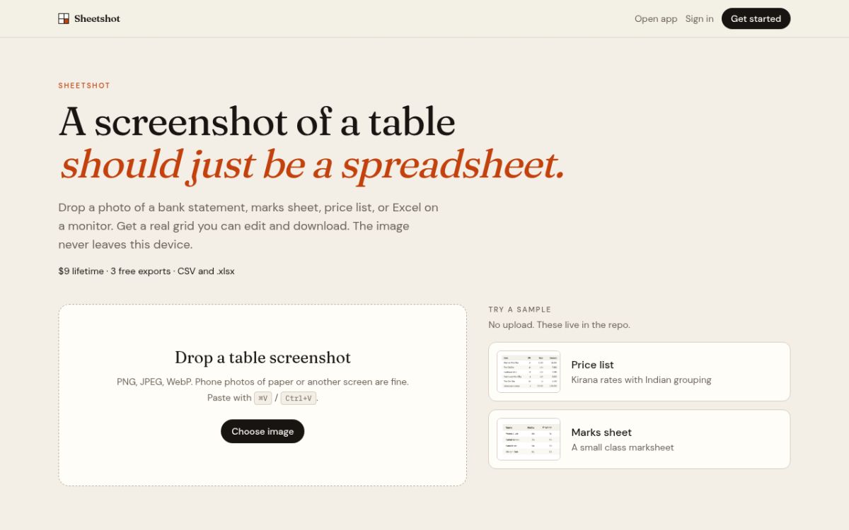 Sheetshot website screenshot