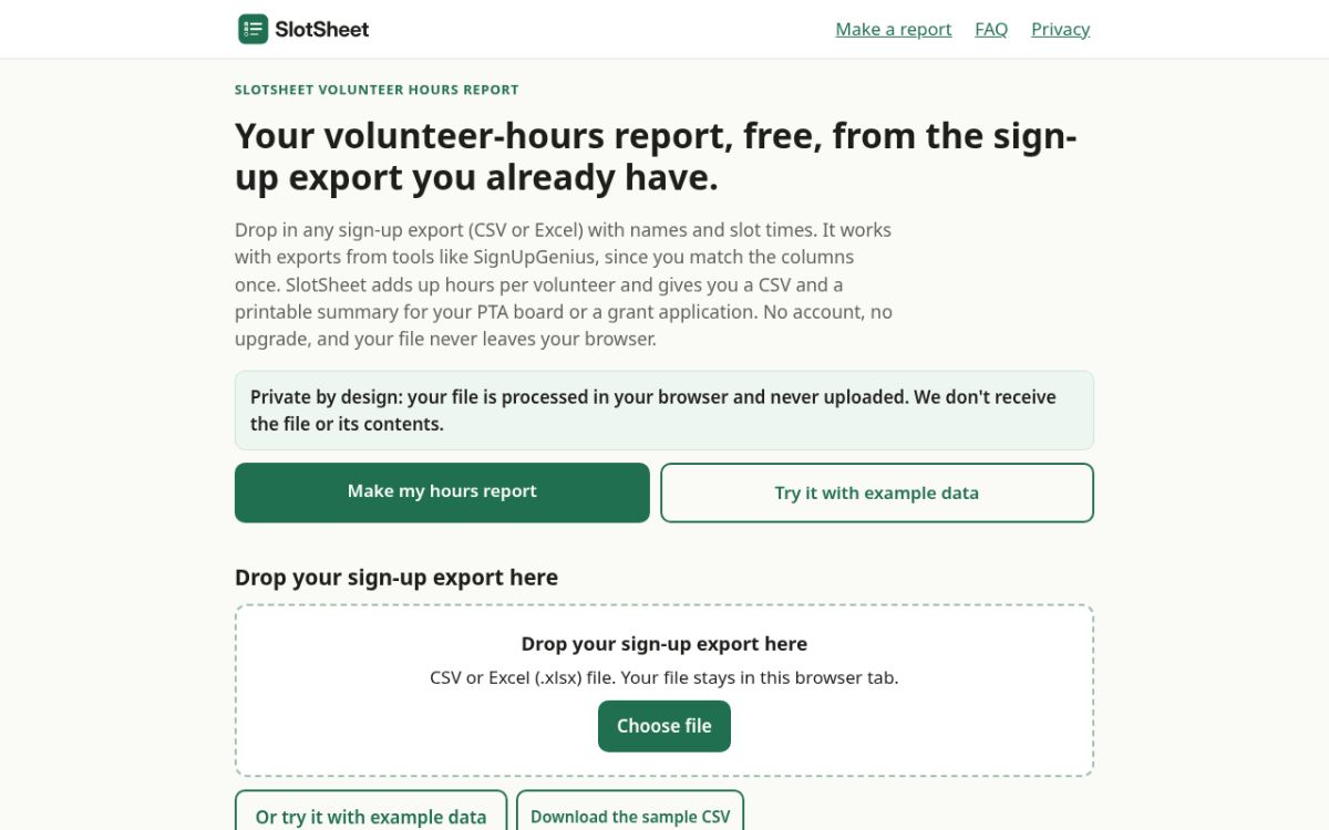 SlotSheet Volunteer Hours Report website screenshot