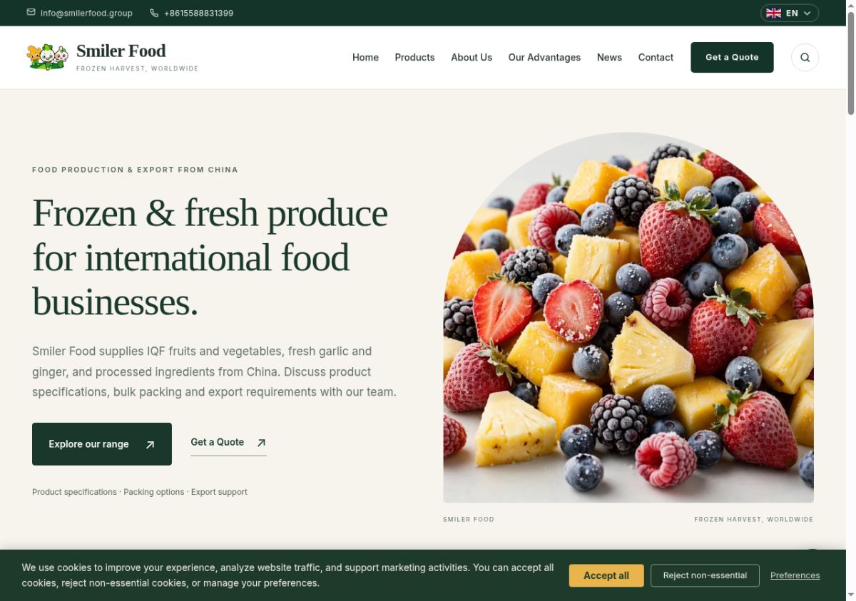 Smiler Food - IQF Frozen Produce &amp; Garlic Exporter China website screenshot