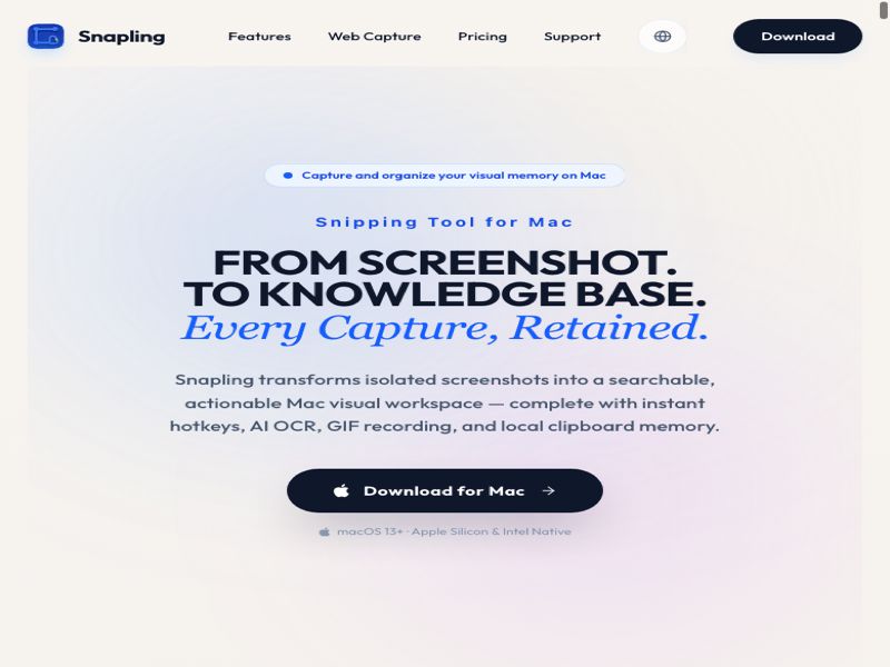 Snapling - Snipping Tool for Mac &amp; Visual Memory website screenshot