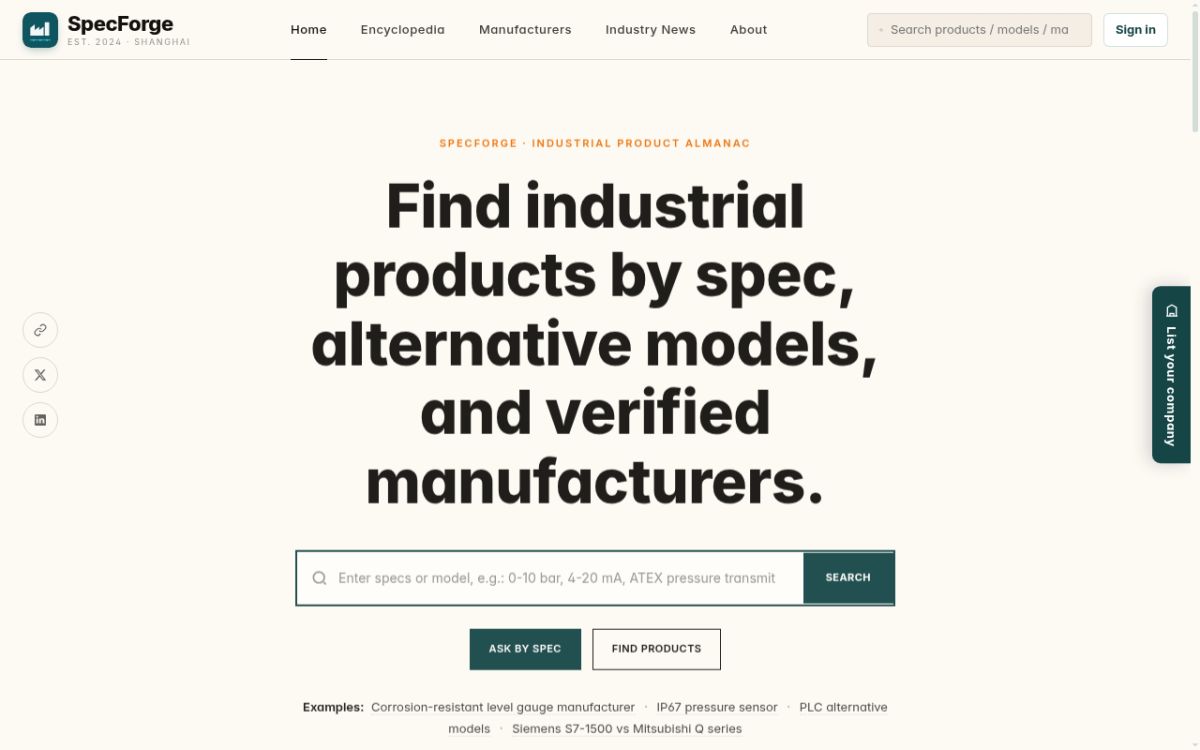 SpecForge — Industrial Spec Encyclopedia website screenshot