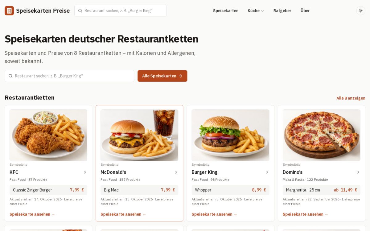 Speisekarten Preise website screenshot