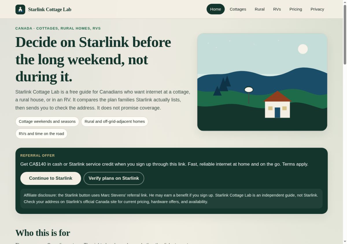 Starlink Cottage Lab website screenshot