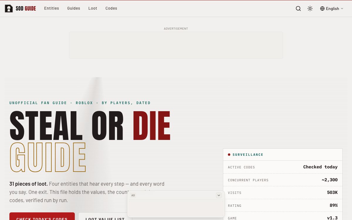 Steal Or Die Wiki - Codes, Loot Values & Entity Guides screenshot