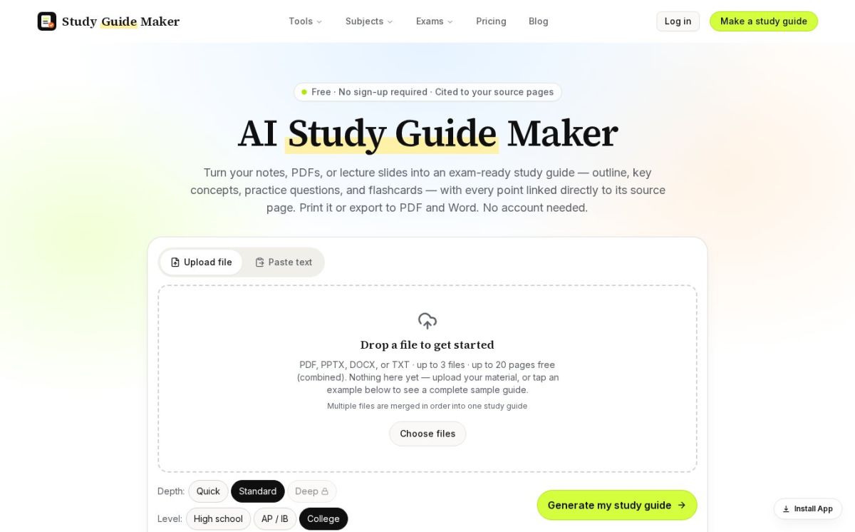Study Guide Maker website screenshot