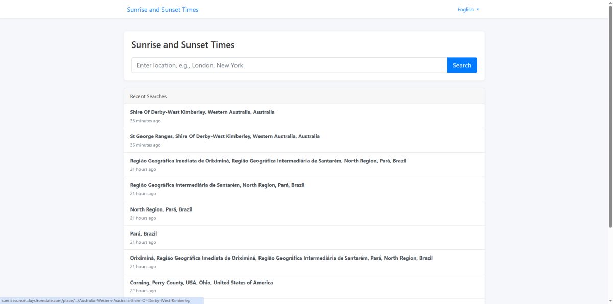 Sunrise and Sunset Times website screenshot