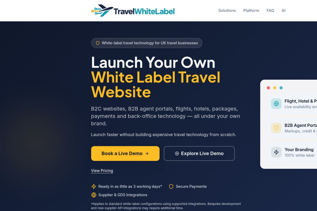 TravelWhiteLabel website screenshot