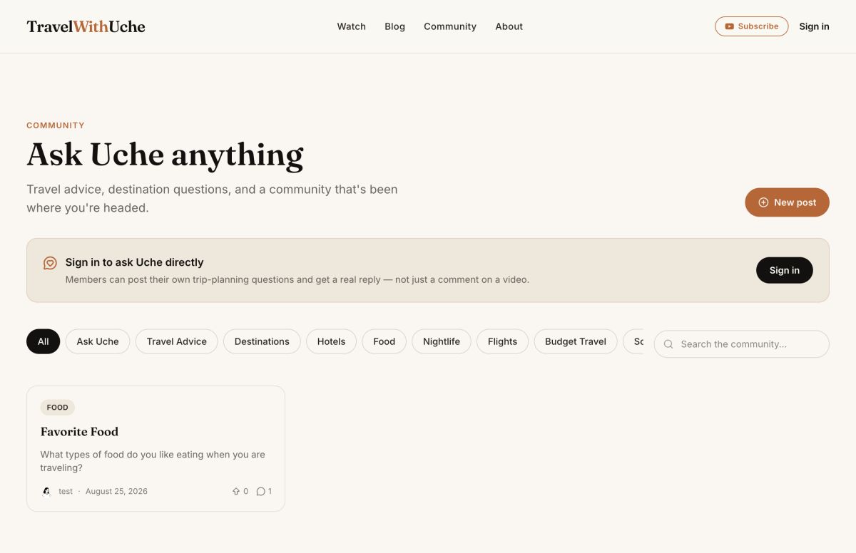 TravelWithUche — Travel Stories &amp; Community website screenshot