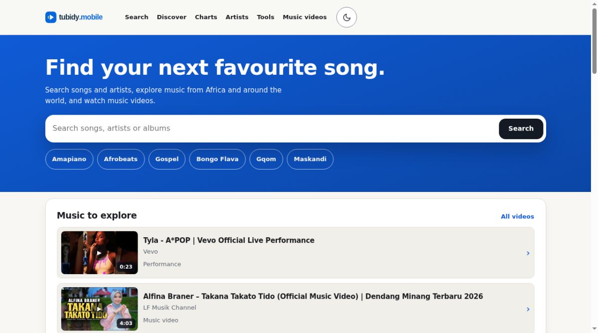 Tubidy.Mobile website screenshot