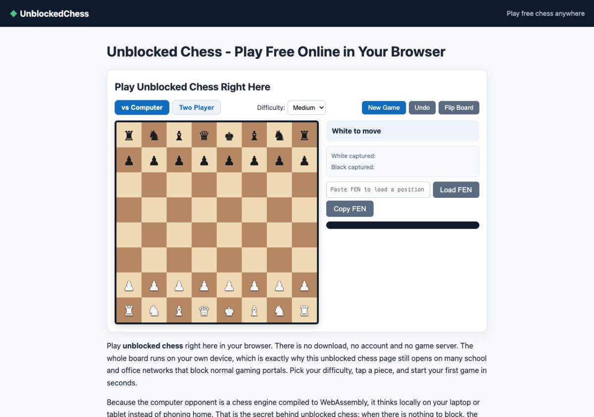 Unblocked Chess website screenshot
