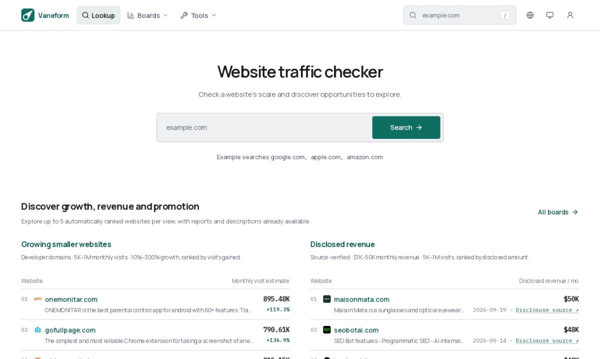 Vaneform - Website Traffic Checker website screenshot