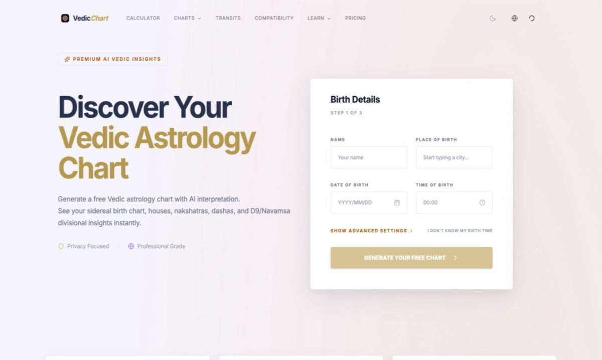 Vedic Astrology Chart website screenshot